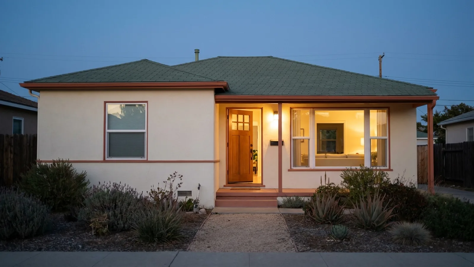 A modest suburban California ranch house seen from the sidewalk, front door open, no signage anywhere