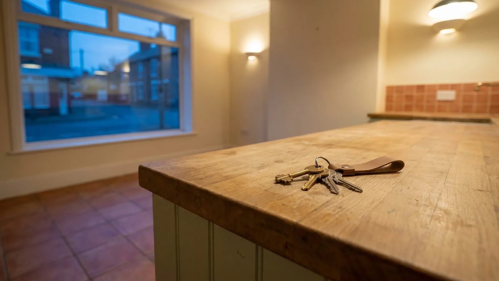 A set of house keys resting on a bare kitchen counter in an empty, freshly swept rental unit
