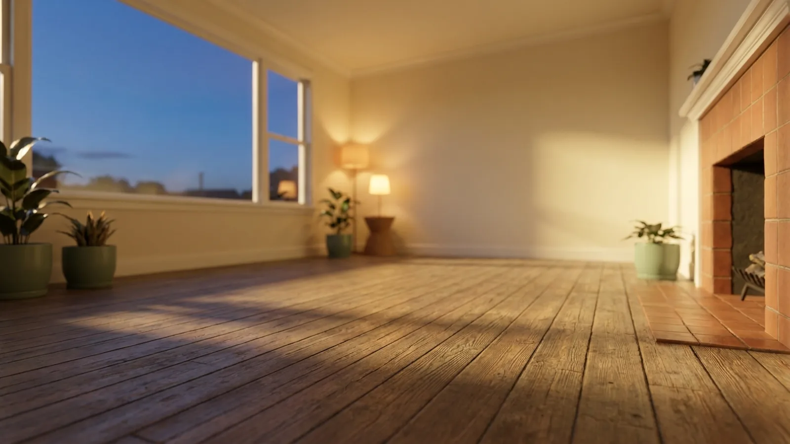 An empty living room with bare walls and afternoon light across the floorboards, ready to show
