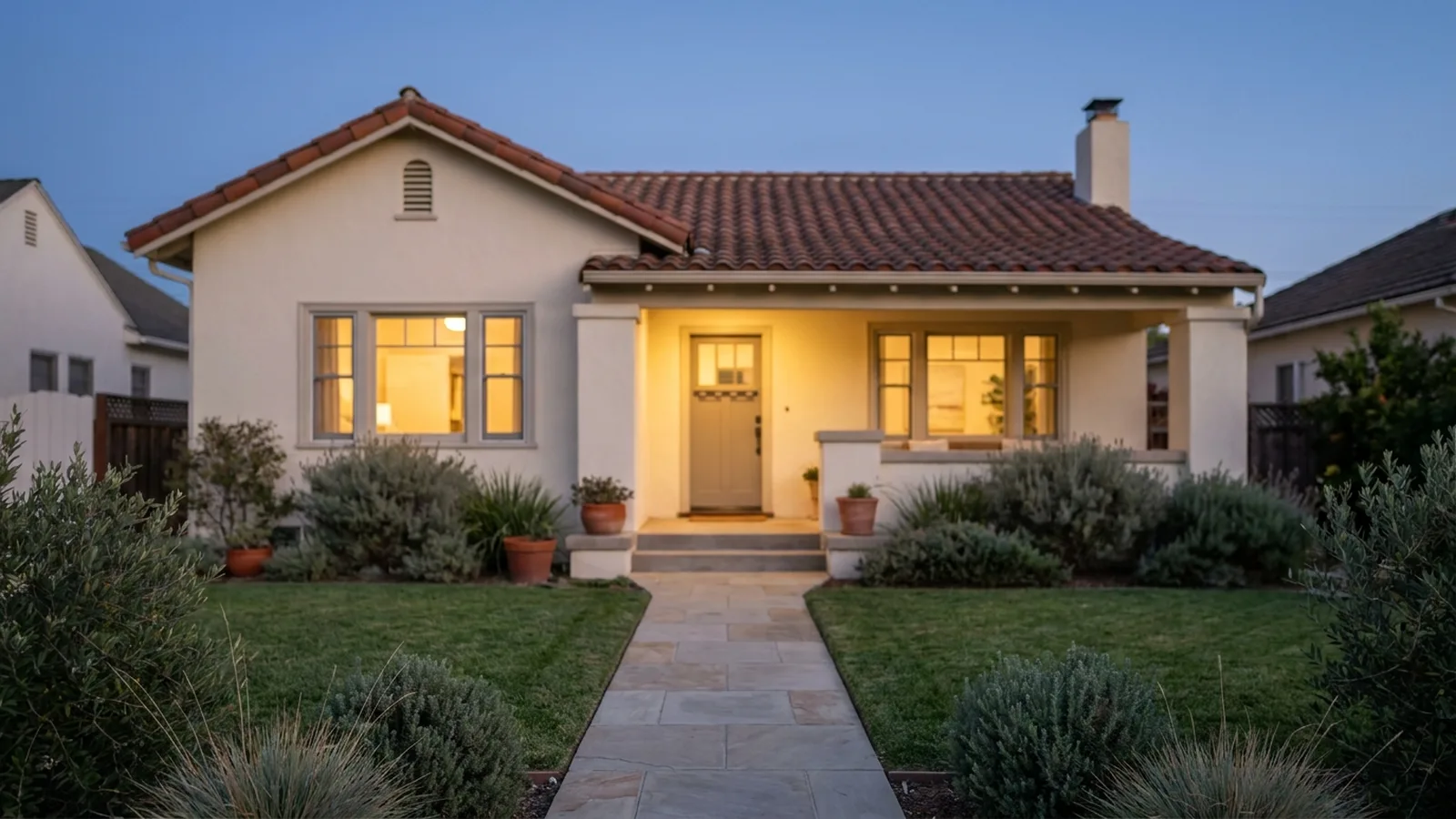 A tidy California bungalow with a clean front lawn and a clear paved path to the front step