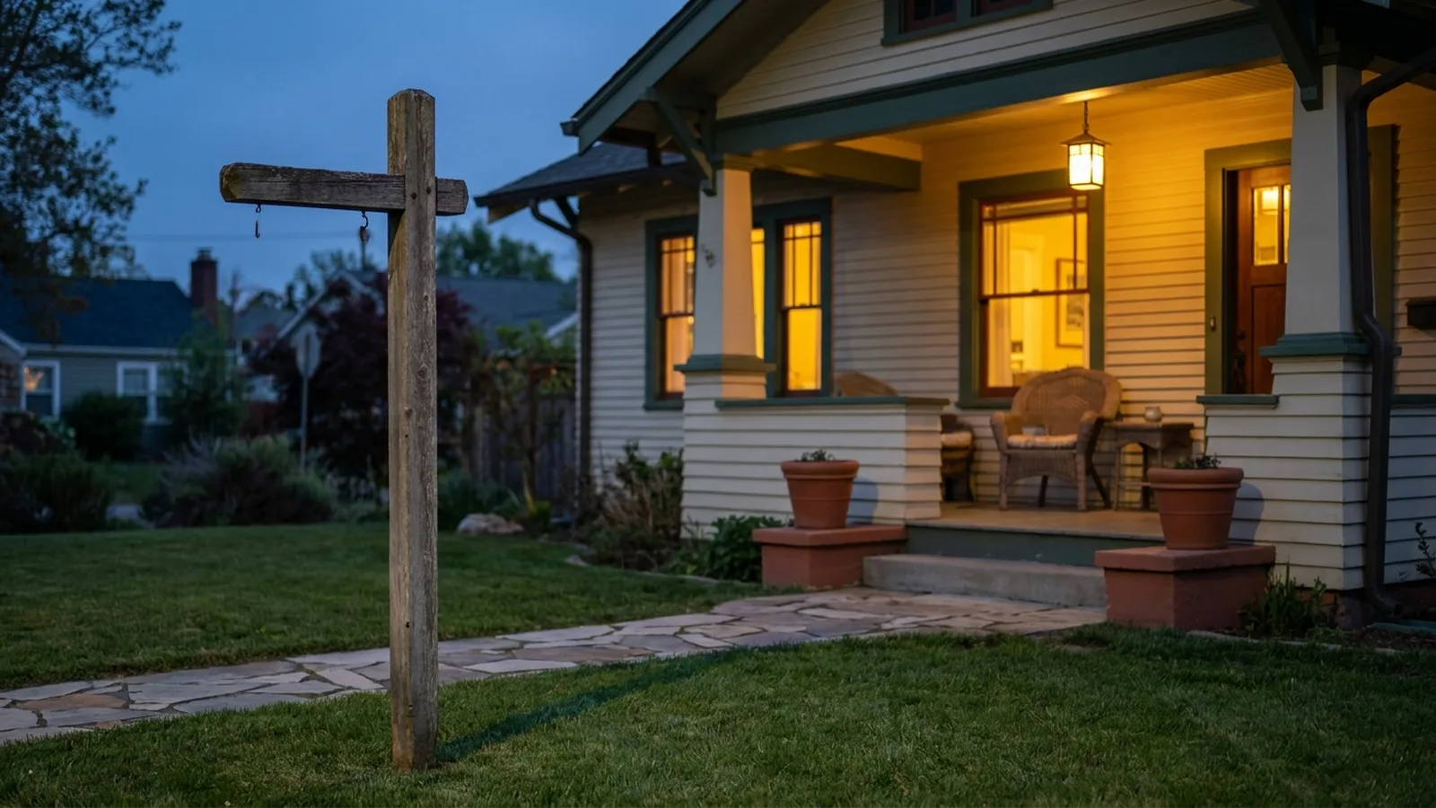 A front porch with an empty sign post in the lawn beside it, no sign mounted